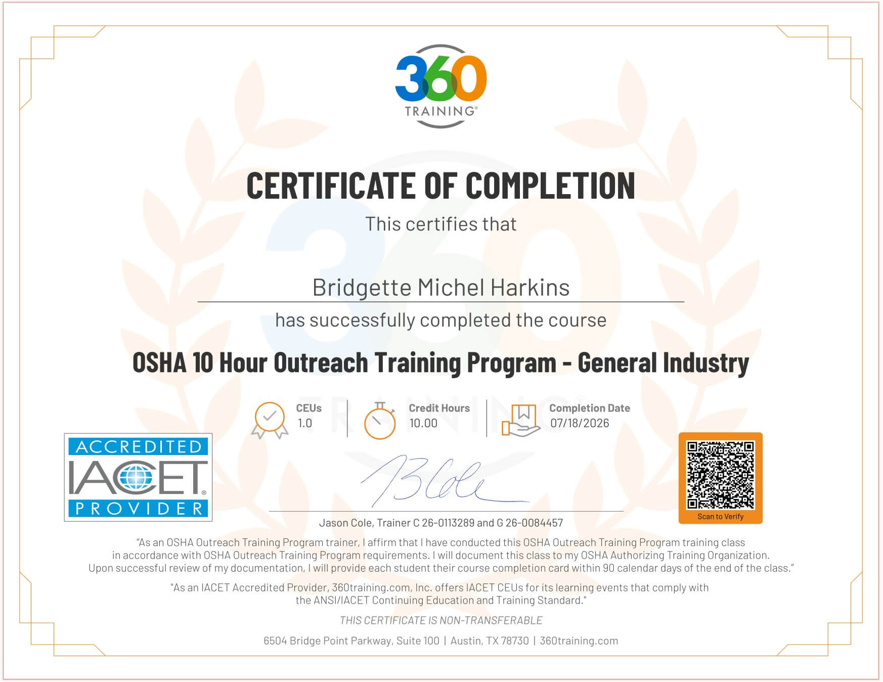 OSHA 10-Hour General Industry Outreach Training certificate of completion